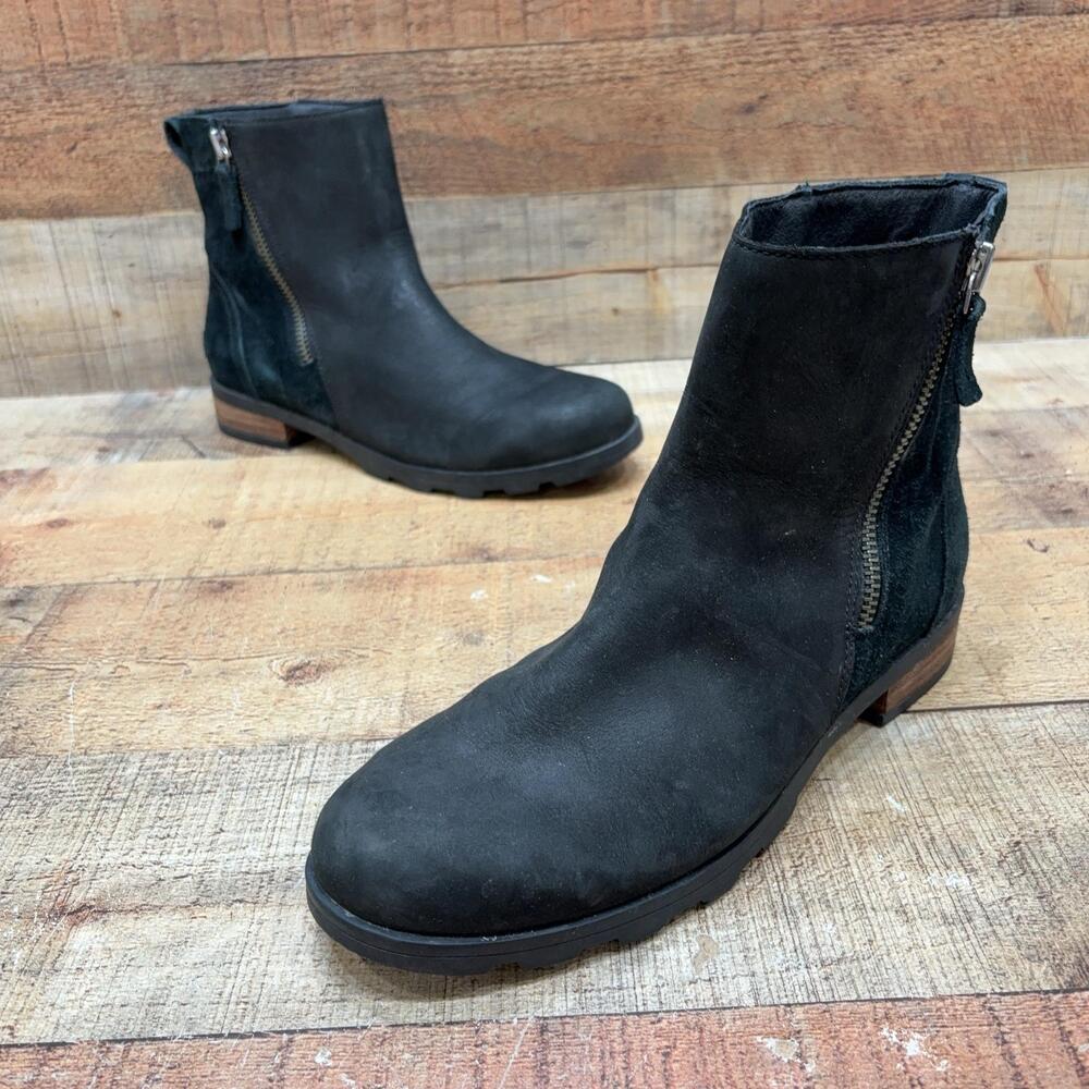 Sorel Boots Womens Size 9.5 40.5 Black Leather Ankle Zip Winter NL3502-010